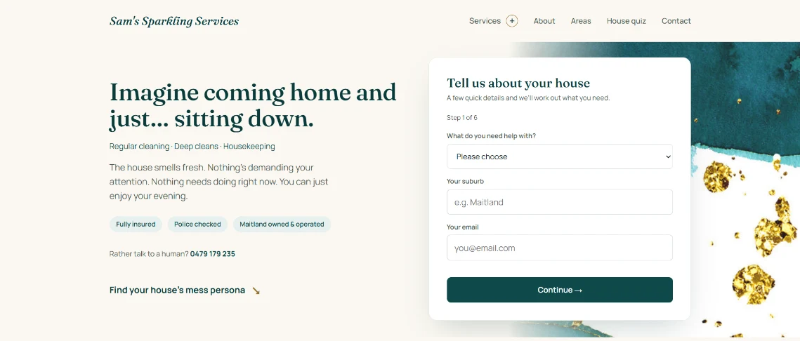 After: Sam’s website explains the cleaning services and displays the enquiry form.