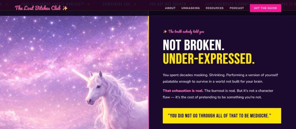 Screenshot of the Lost Bitches Club website homepage showing the headline "Not broken. Under-expressed." alongside a unicorn in a purple galaxy sky.
