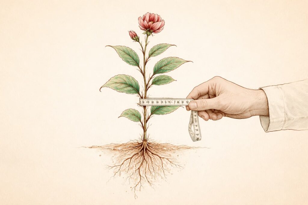 A botanical illustration in antique naturalist style showing a single flowering plant with roots visible below the soil line. Rendered in soft pink, green and brown tones on a warm cream background. A hand in a white sleeve enters from the right holding a cloth measuring tape pressed against the plant's stem at mid-height. The plant is unchanged but something clinical has been imposed on it.
