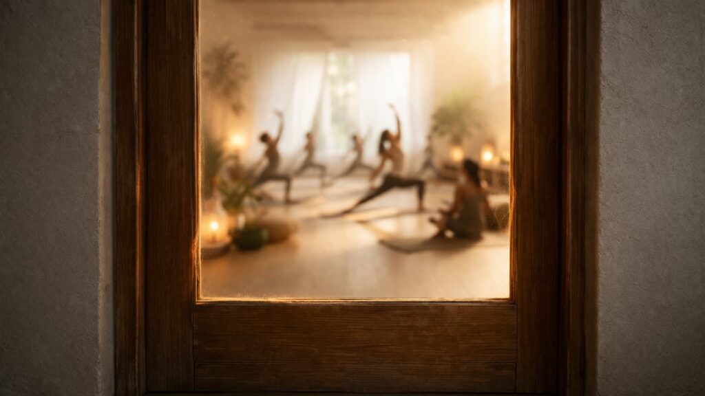 A warm-toned wooden door with a glass panel, shot from outside. Through the glass, softly blurred figures move through a yoga class in a candlelit room. No handle on the outside. The viewer is looking in.