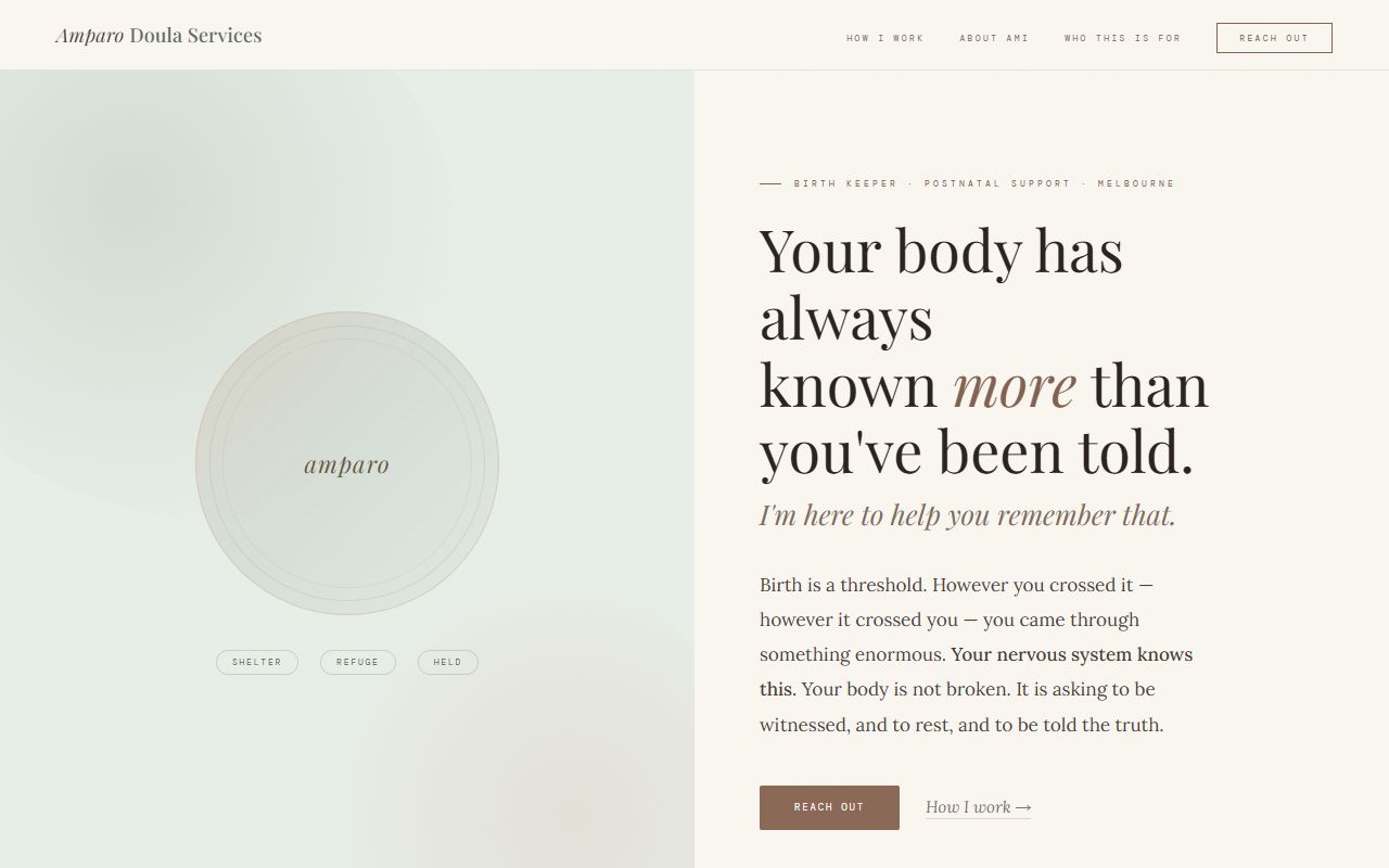 Amparo Doula Services — a speculative site demonstrating the Single Page product