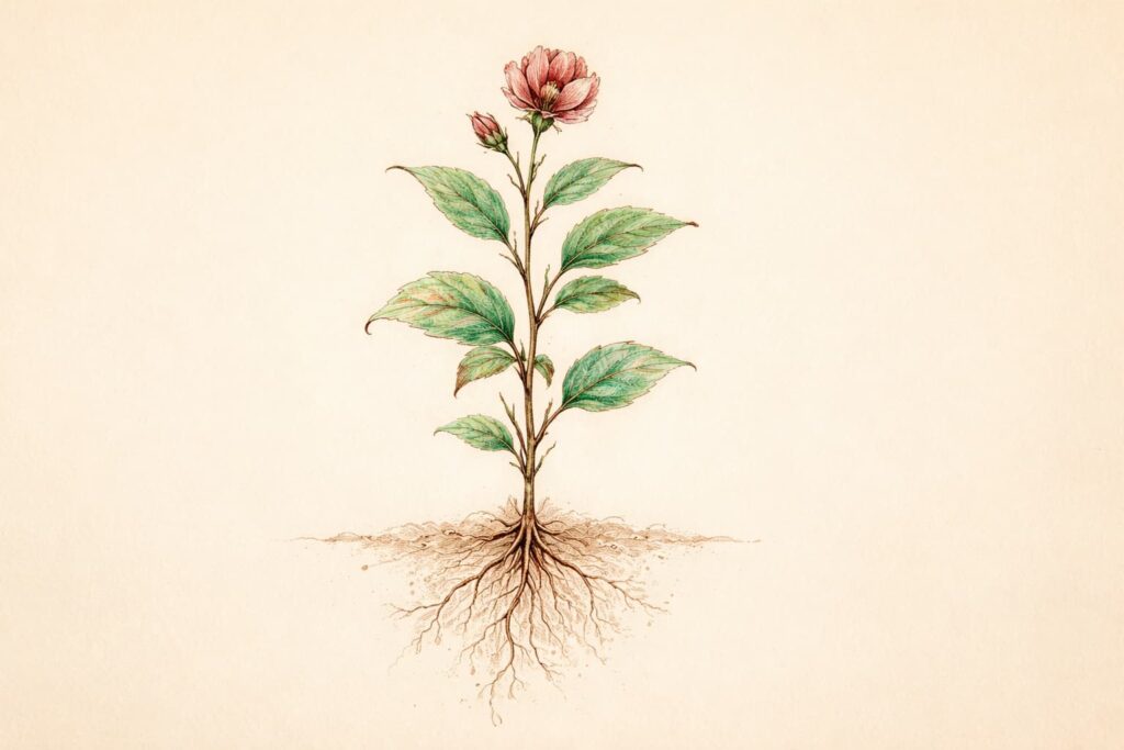 A botanical illustration in antique naturalist style showing a single flowering plant with roots visible below the soil line. Rendered in soft pink, green and brown tones on a warm cream background. The plant stands upright and unobstructed, with generous space around it.