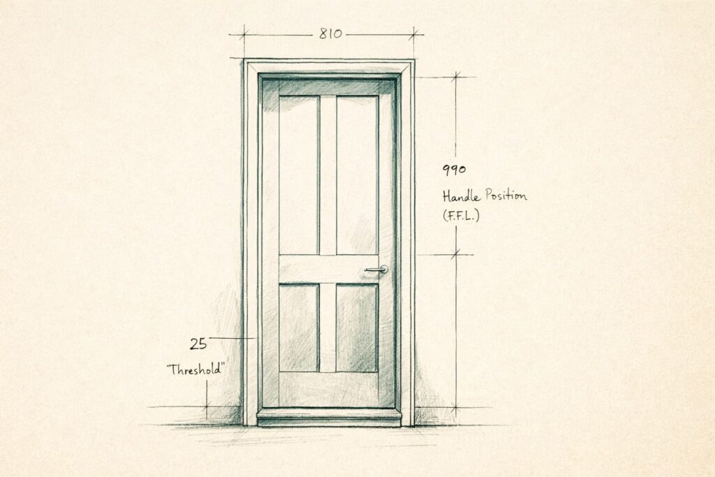 1:22 PMA hand-drafted architectural elevation drawing of a doorway on warm cream paper, rendered in malachite and ink tones. Careful linework with dimension annotations in handwritten script: door width marked as 810, handle position at 990 from finished floor level, threshold height noted as 25. The details that make a door genuinely usable, made visible as an act of care.