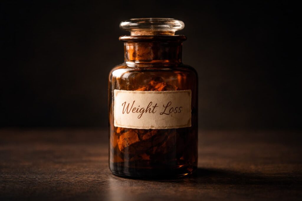 An amber glass apothecary jar on a dark wooden surface against a dark background. The jar contains an unidentifiable substance visible through the glass. A handwritten label reads: Weight Loss.