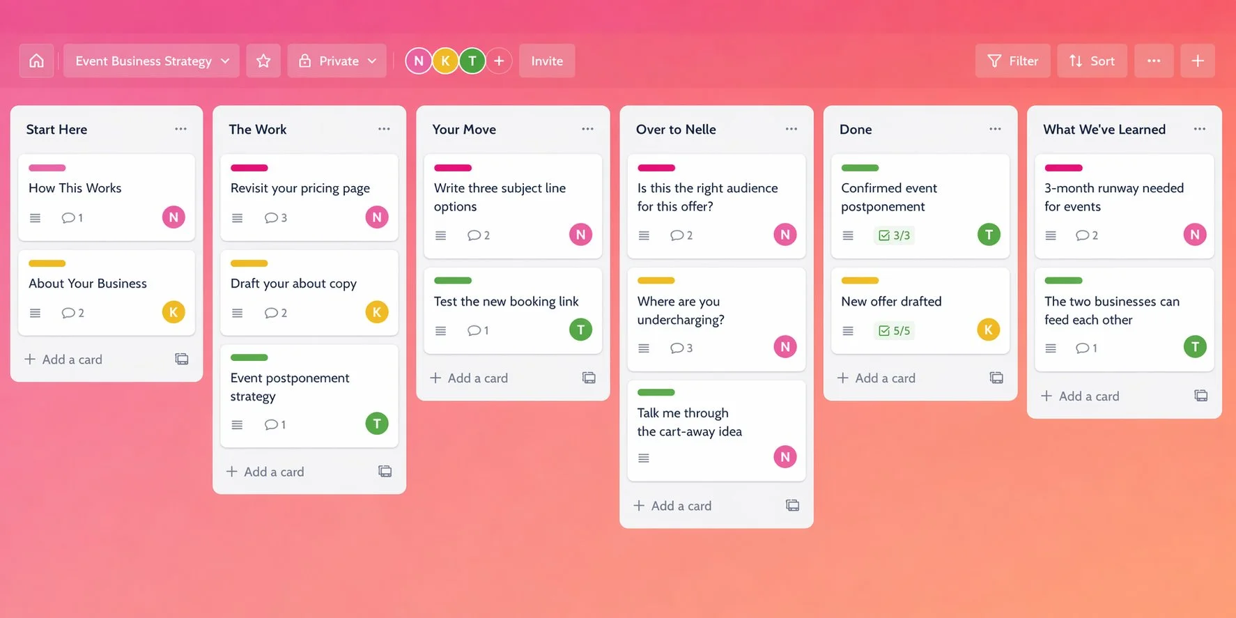 A Trello board showing columns: Start Here, The Work, Your Move, Over to Nelle, Done, and What We've Learned — with sample cards showing real advisory work in progress
