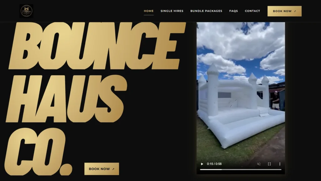 Bounce Haus Co homepage with gold lettering and a portrait video of the Dream Palace jumping castle