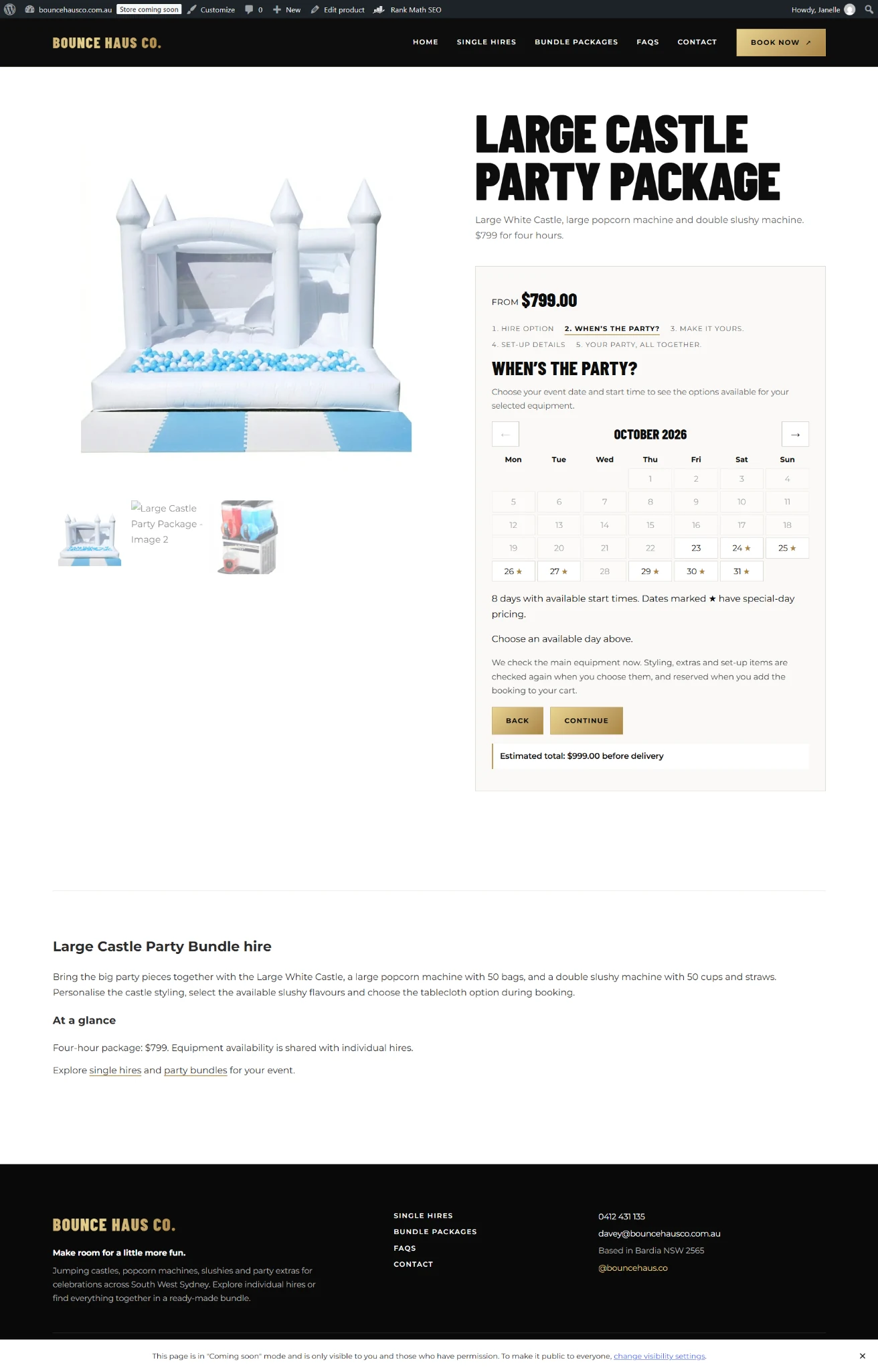 Large castle hire page with the date and time selection step