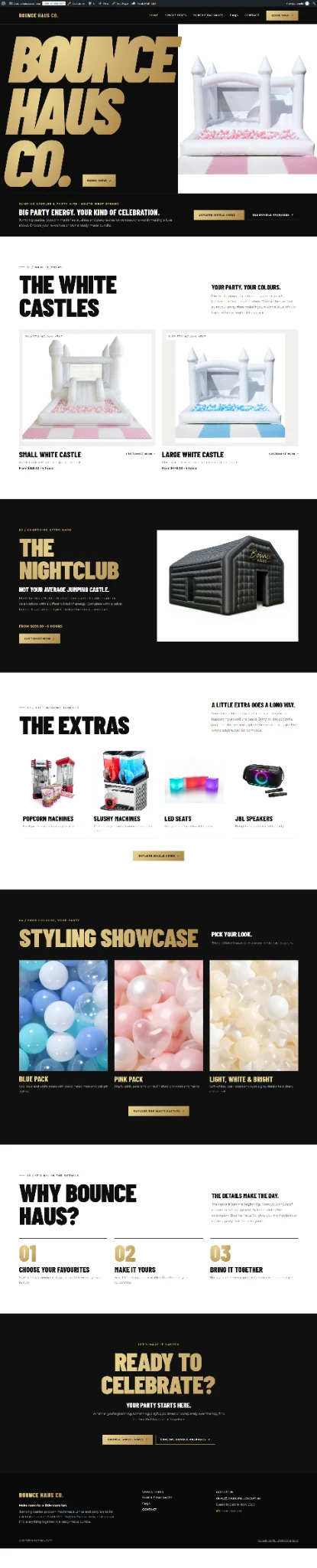 Bounce Haus Co website with oversized gold type, white jumping castles and a black inflatable nightclub