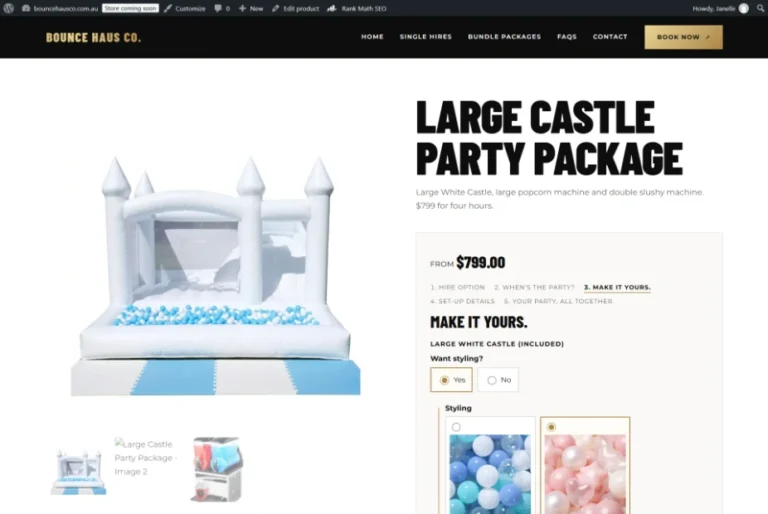A branded castle hire page with a guided booking form